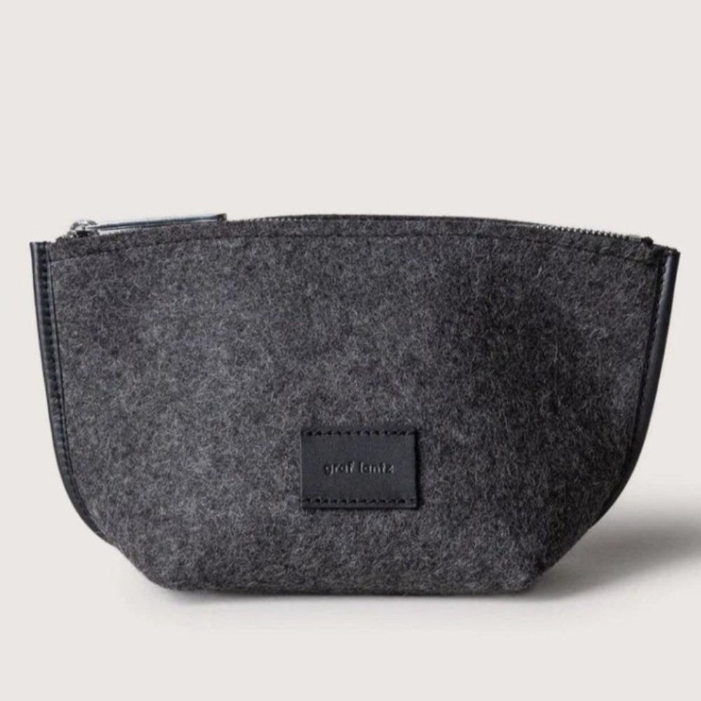 Graf Lantz Hana Merino Wool Pouch Charcoal Felt Bag Gray Leather Trim Makeup Bag